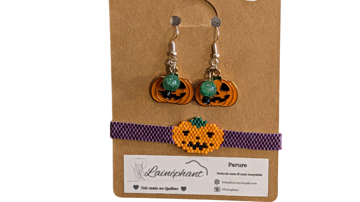 Parure d'Halloween "Citrouille" – Boucles d'oreilles et bracelet tissé