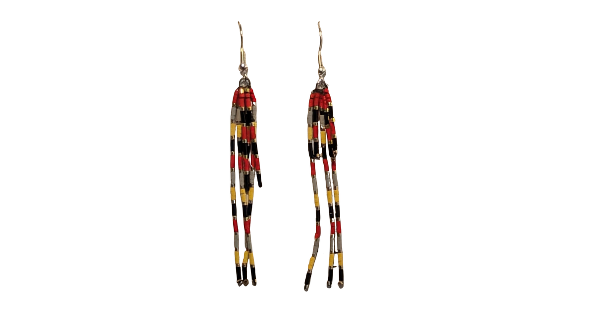 Boucles d'Oreilles Longues à Franges Tissées – Contrastes Graphiques (Rouge, Gris, Jaune & Noir)