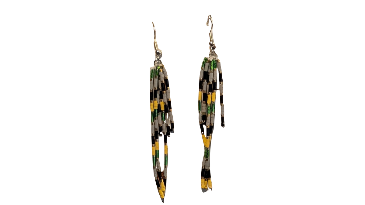 Boucles d'Oreilles Longues à Franges Tissées – Esprit Nature & Graphique (Vert, Gris, Jaune & Noir)