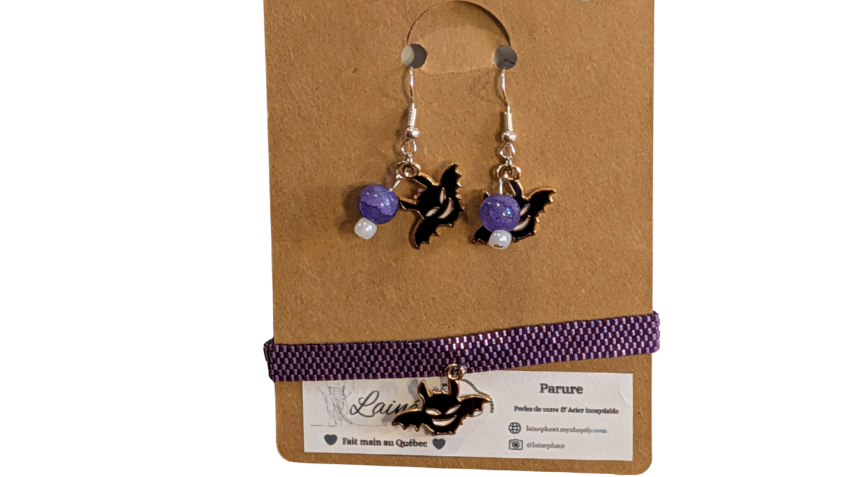 Parure d'Halloween "Chauve-souris mystique" – Boucles d'oreilles et bracelet