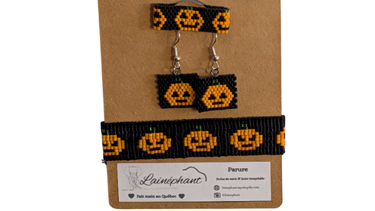 Parure Complète Bijoux Tissés – Citrouille d'Automne (Boucles d'Oreilles, Bague & Bracelet)