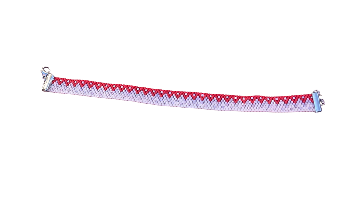 Bracelet Large Tissé en Perles de Verre – Motif Géométrique Zigzag (Rouge & Blanc)
