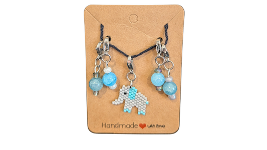 Set de Marqueurs de Mailles Premium : Éléphant Tissé & Perles Bleues
