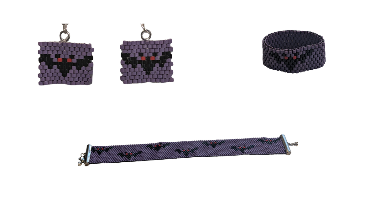 Parure Complète Bijoux Tissés – Chauve-Souris Violette (Boucles d'Oreilles, Bague & Bracelet)