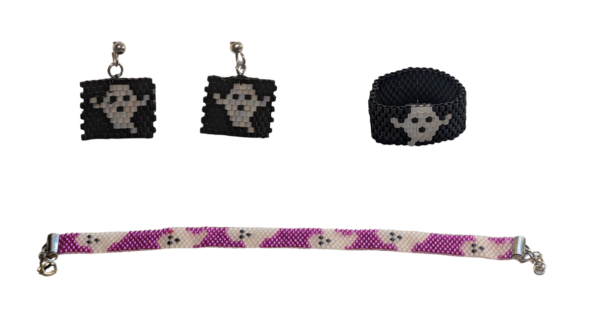 Parure Complète Bijoux Tissés – Petit Fantôme (Boucles d'Oreilles, Bague & Bracelet)