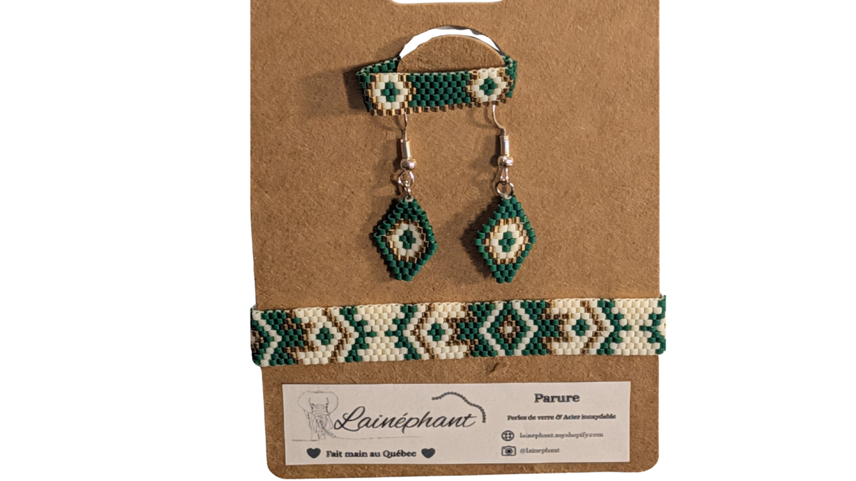 Parure géométrique « Émeraude & Or » – Bracelet, bague et boucles d'oreilles tissés main