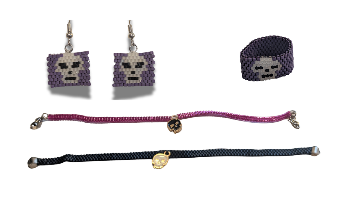 Parure Complète Bijoux Tissés – Crâne Violet & Charms (Boucles d'Oreilles, Bague & Bracelet au choix)